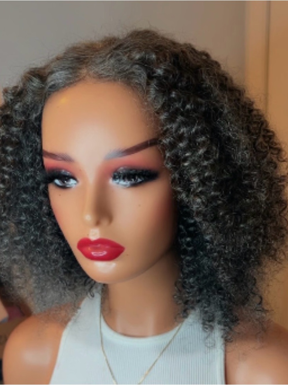 Black & Grey Curly Lace Front Wig - Synthetic and Human Hair Blend.